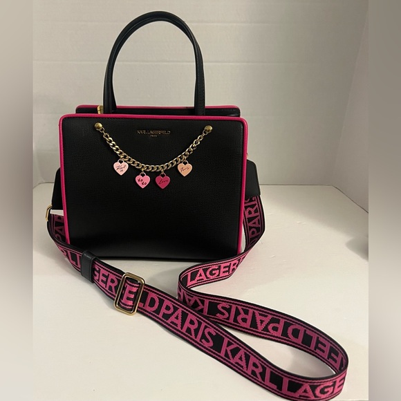 New KARL KAHERFEKD PARIS BLACK FUSCHIA LOVE STYLE CROSSBODY BAG - Picture 14 of 16